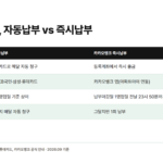 카드사 자동납부와 카카오뱅크 즉시납부의 결제방식·신청처·시간제한·지속여부를 비교한 표