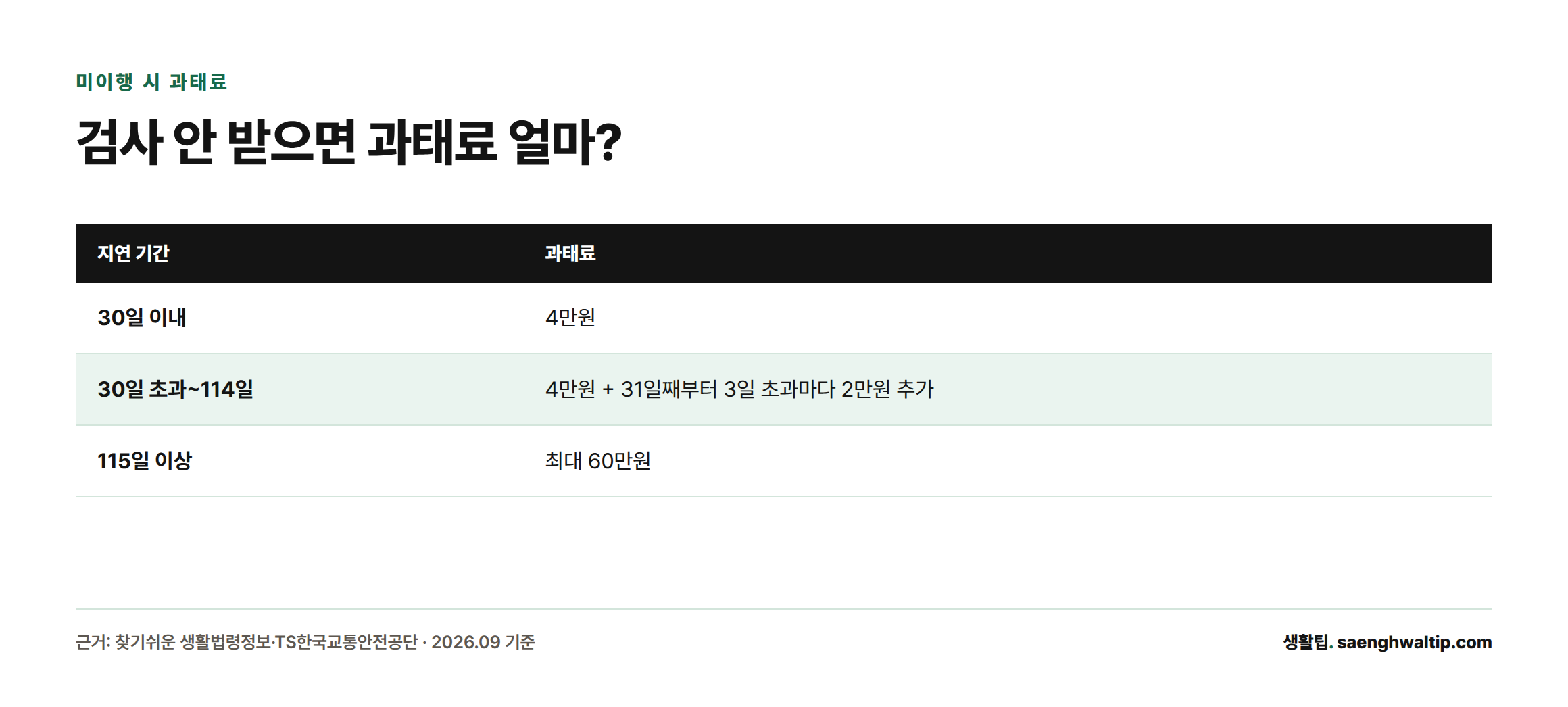 정기검사를 기한 내 받지 않았을 때 지연 기간별 과태료를 비교한 표로, 30일 이내 4만원에서 115일 이상 최대 60만원까지 단계적으로 늘어난다.